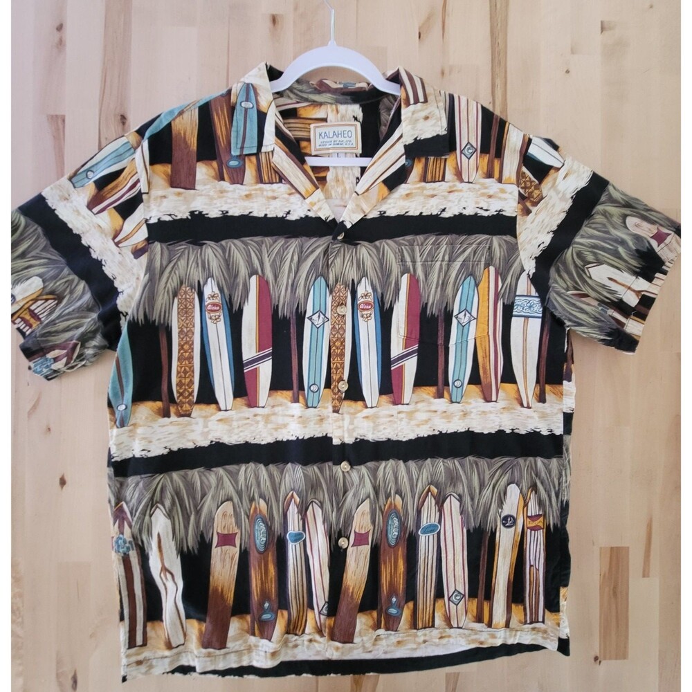 Mens Vintage Kalaheo Hawaiian Button Up Shirt Large Surfboards Beach Vacation
